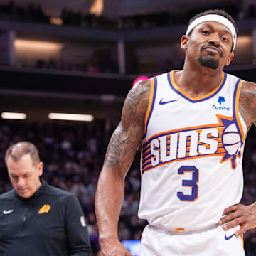 Apr 12, 2024; Sacramento, California, USA; Phoenix Suns guard Bradley Beal (3) reacts to a play during the fourth quarter against the Sacramento Kings at Golden 1 Center. Mandatory Credit: Ed Szczepanski-Imagn Images