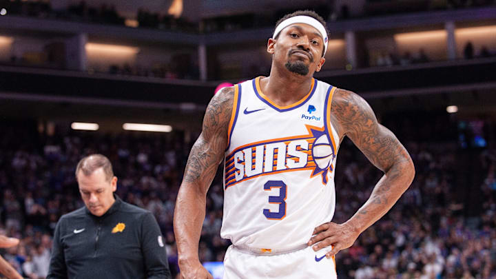 Apr 12, 2024; Sacramento, California, USA; Phoenix Suns guard Bradley Beal (3) reacts to a play during the fourth quarter against the Sacramento Kings at Golden 1 Center. Mandatory Credit: Ed Szczepanski-Imagn Images