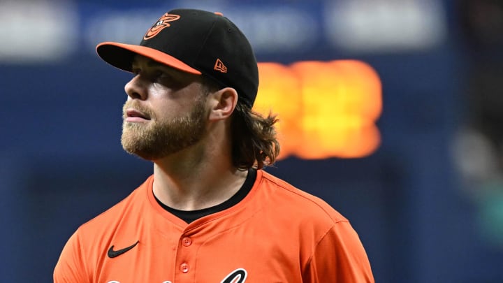 Aug 10, 2024; St. Petersburg, Florida, USA; Baltimore Orioles starting pitcher Corbin Burnes (39) walks off the field after the third inning against the Tampa Bay Rays at Tropicana Field