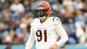 Dec 15, 2024; Nashville, Tennessee, USA;  Cincinnati Bengals defensive end Trey Hendrickson (91) stands ready for play against the Tennessee Titans during the second half at Nissan Stadium. Mandatory Credit: Steve Roberts-Imagn Images