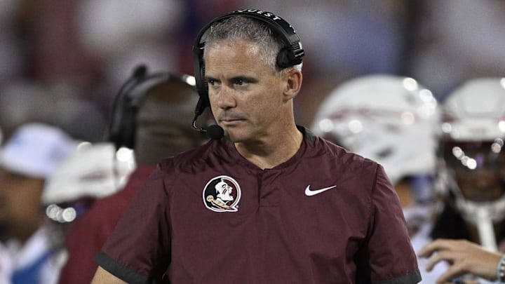 Sep 28, 2024; Dallas, Texas, USA; Florida State Seminoles head coach Mike Norvell during the game between the Southern Methodist Mustangs and the Florida State Seminoles at Gerald J. Ford Stadium. Mandatory Credit: Jerome Miron-Imagn Images