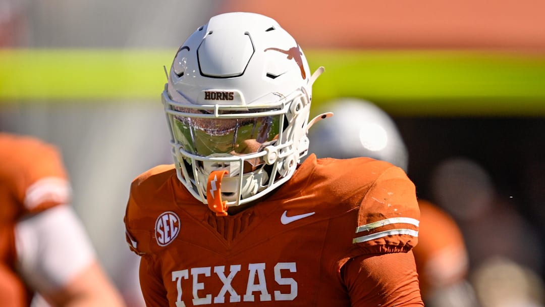 Oct 11, 2025; Dallas, Texas, USA; Texas Longhorns linebacker Anthony Hill Jr. (0) looks on during the game between the Texas Longhorns and the Oklahoma Sooners at the Cotton Bowl. Mandatory Credit: Jerome Miron-Imagn Images