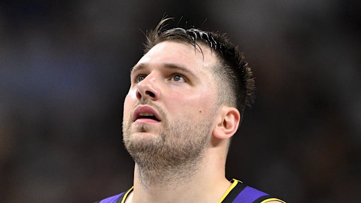 Apr 9, 2025; Dallas, Texas, USA; Los Angeles Lakers guard Luka Doncic (77) during the game between the Dallas Mavericks and the Los Angeles Lakers at American Airlines Center. Mandatory Credit: Jerome Miron-Imagn Images Apr 9, 2025; Dallas, Texas, USA; Los Angeles Lakers guard Luka Doncic (77) during the game between the Dallas Mavericks and the Los Angeles Lakers at American Airlines Center. Mandatory Credit: Jerome Miron-Imagn Images