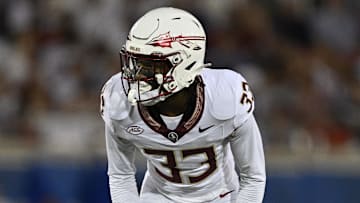 Sep 28, 2024; Dallas, Texas, USA; Florida State Seminoles defensive back Edwin Joseph (33) in action during the game between the Southern Methodist Mustangs and the Florida State Seminoles at Gerald J. Ford Stadium. Mandatory Credit: Jerome Miron-Imagn Images