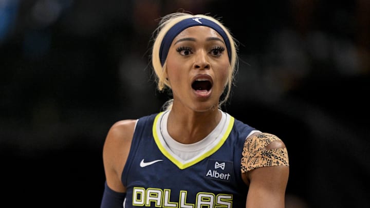 Aug 1, 2025; Dallas, Texas, USA; Dallas Wings guard DiJonai Carrington (21) in action during the game between the Dallas Wings and the Indiana Fever at the American Airlines Center. Mandatory Credit: Jerome Miron-Imagn Images Aug 1, 2025; Dallas, Texas, USA; Dallas Wings guard DiJonai Carrington (21) in action during the game between the Dallas Wings and the Indiana Fever at the American Airlines Center. Mandatory Credit: Jerome Miron-Imagn Images
