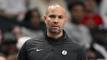 Mar 31, 2025; Dallas, Texas, USA; Brooklyn Nets head coach Jordi Fernandez during the game between the Dallas Mavericks and the Brooklyn Nets at the American Airlines Center. Mandatory Credit: Jerome Miron-Imagn Images