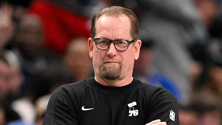 Jan 1, 2026; Dallas, Texas, USA; Philadelphia 76ers head coach Nick Nurse looks on during the game between the Mavericks and the 76ers at American Airlines Center. Mandatory Credit: Jerome Miron-Imagn Images