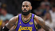 Apr 9, 2025; Dallas, Texas, USA; Los Angeles Lakers forward LeBron James (23) during the game between the Dallas Mavericks and the Los Angeles Lakers at American Airlines Center. Mandatory Credit: Jerome Miron-Imagn Images