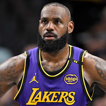 Apr 9, 2025; Dallas, Texas, USA; Los Angeles Lakers forward LeBron James (23) during the game between the Dallas Mavericks and the Los Angeles Lakers at American Airlines Center. Mandatory Credit: Jerome Miron-Imagn Images