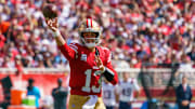 Sep 29, 2024; Santa Clara, California, USA; San Francisco 49ers quarterback Brock Purdy (13) passes the football against the New England Patriots during the first quarter at Levi's Stadium. Mandatory Credit: Neville E. Guard-Imagn Images