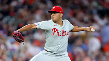 Jun 24, 2025; Houston, Texas, USA; Philadelphia Phillies starting pitcher Ranger Suarez (55) delivers a pitch against the Houston Astros during the first inning at Daikin Park.