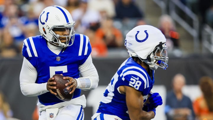 Aug 22, 2024; Cincinnati, Ohio, USA; Indianapolis Colts quarterback Anthony Richardson (5) runs with the ball against the Cincinnati Bengals in the first half at Paycor Stadium. Mandatory Credit: Katie Stratman-USA TODAY Sports