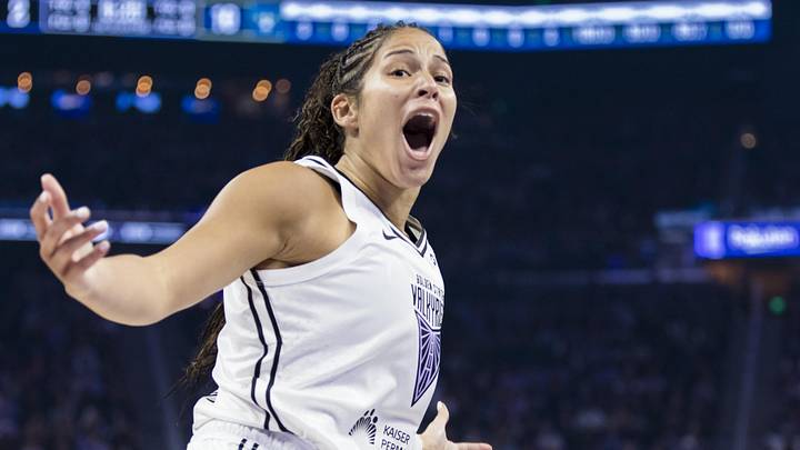 Sep 4, 2025; San Francisco, California, USA;  Golden State Valkyries guard Veronica Burton (22) reacts during the first quarter against the Dallas Wings at Chase Center. Mandatory Credit: John Hefti-Imagn Images