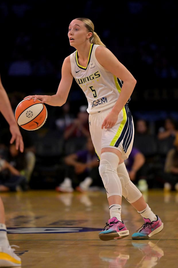 Dallas Wings guard Paige Bueckers handles the ball during the first half against the Los Angeles Sparks