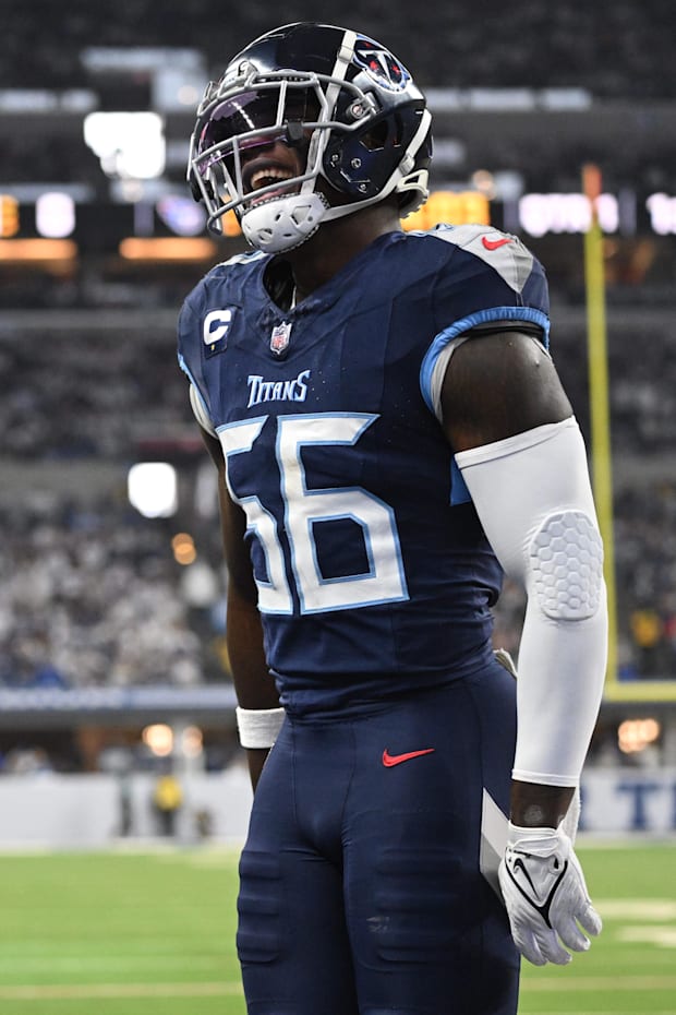 Tennessee Titans linebacker Kenneth Murray Jr. celebrates an interception against the Indianapolis Colts.