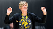 Iowa women’s basketball head coach Jan Jensen talks to the team during practice June 26, 2025 at Carver-Hawkeye Arena in Iowa City, Iowa.