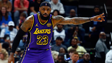 Mar 29, 2025; Memphis, Tennessee, USA; Los Angeles Lakers forward LeBron James (23) reacts  during the second quarter against the Memphis Grizzlies at FedExForum. Mandatory Credit: Petre Thomas-Imagn Images