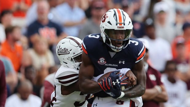 Oct 28, 2023; Auburn, Alabama, USA;  Auburn Tigers wide receiver Shane Hooks (3) is tackled by Mississippi State Bulldogs cor