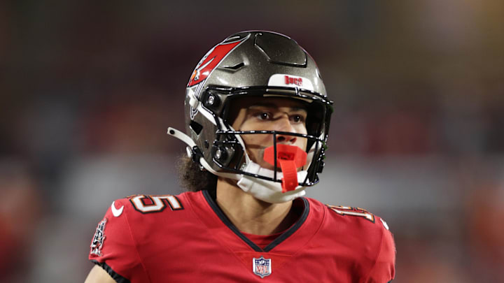 Tampa Bay Buccaneers wide receiver Jalen McMillan warms up before a NFC wild card playoff against the Washington Commanders. Tampa Bay Buccaneers wide receiver Jalen McMillan warms up before a NFC wild card playoff against the Washington Commanders.