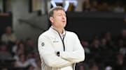 Nov 15, 2025; Nashville, Tennessee, USA;  Vanderbilt Commodores head coach Mark Byington watches his team against the Arkansas-Pine Bluff Golden Lions during the first half at Memorial Gymnasium. Mandatory Credit: Steve Roberts-Imagn Images