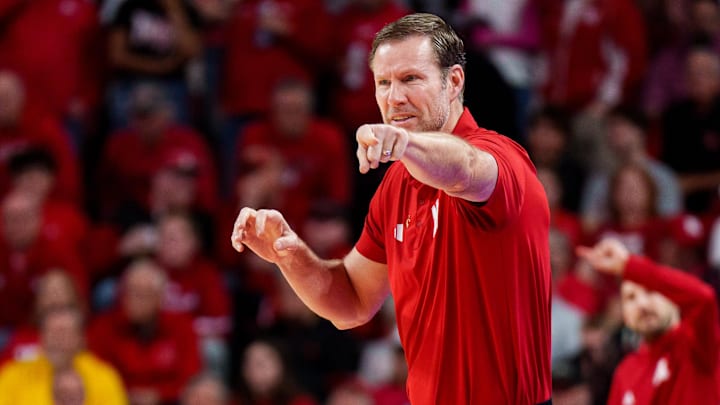 Feb 10, 2026; Lincoln, Nebraska, USA; Nebraska Cornhuskers head coach Fred Hoiberg reacts during the first half against the Purdue Boilermakers at Pinnacle Bank Arena. Mandatory Credit: Dylan Widger-Imagn Images