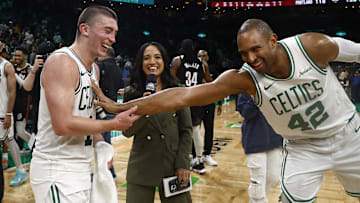 Mar 5, 2025; Boston, Massachusetts, USA; After scoring a career high 43 points, Boston Celtics guard Payton Pritchard (11) has a laugh with center Al Horford (42) after their win over the Portland Trail Blazers at TD Garden. Mandatory Credit: Winslow Townson-Imagn Images