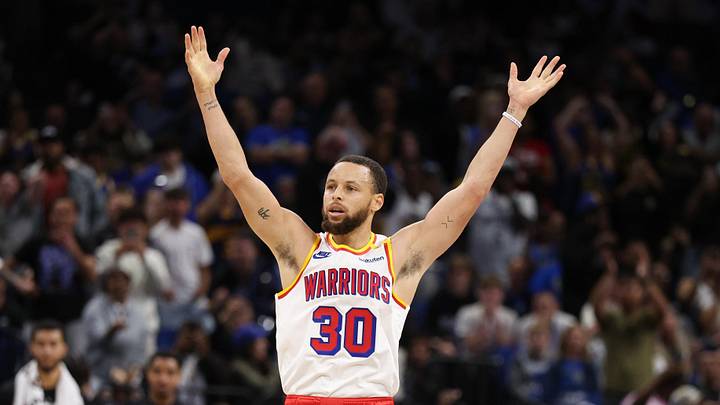 Feb 27, 2025; Orlando, Florida, USA; Golden State Warriors guard Stephen Curry (30) celebrates after a basket against the Orlando Magic in the fourth quarter at Kia Center. Mandatory Credit: Nathan Ray Seebeck-Imagn Images