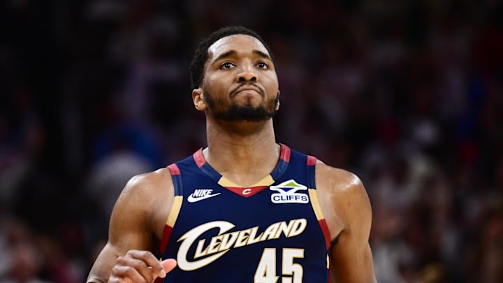May 9, 2026; Cleveland, Ohio, USA; Cleveland Cavaliers guard Donovan Mitchell (45) reacts after the Cavaliers beat the Detroit Pistons in game three in the second round of the 2026 NBA Playoffs at Rocket Arena. Mandatory Credit: Ken Blaze-Imagn Images