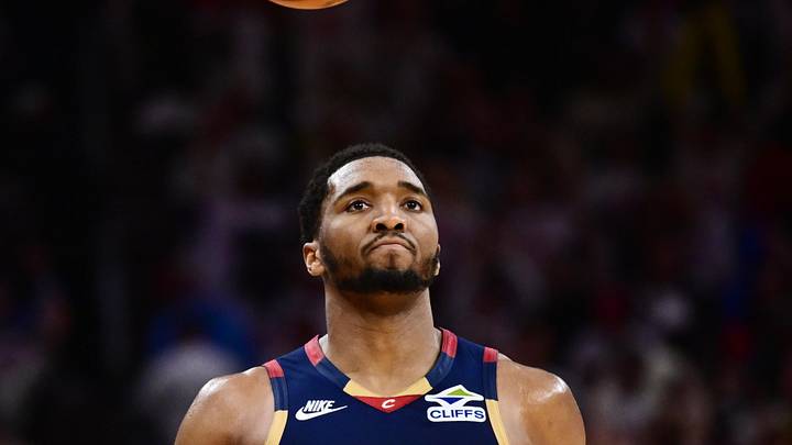 May 9, 2026; Cleveland, Ohio, USA; Cleveland Cavaliers guard Donovan Mitchell (45) reacts after the Cavaliers beat the Detroit Pistons in game three in the second round of the 2026 NBA Playoffs at Rocket Arena. Mandatory Credit: Ken Blaze-Imagn Images
