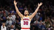 Feb 27, 2025; Orlando, Florida, USA; Golden State Warriors guard Stephen Curry (30) celebrates after a basket against the Orlando Magic in the fourth quarter at Kia Center. Mandatory Credit: Nathan Ray Seebeck-Imagn Images