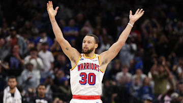 Feb 27, 2025; Orlando, Florida, USA; Golden State Warriors guard Stephen Curry (30) celebrates after a basket against the Orlando Magic in the fourth quarter at Kia Center. Mandatory Credit: Nathan Ray Seebeck-Imagn Images