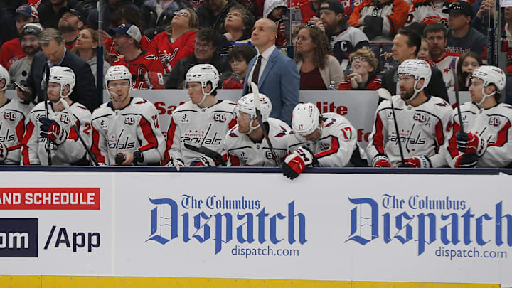 Apr 12, 2025; Columbus, Ohio, USA; Washington Capitals head coach Spencer Carbery looks at a replay against the Columbus Blue Jackets during the first period at Nationwide Arena. Mandatory Credit: Russell LaBounty-Imagn Images Apr 12, 2025; Columbus, Ohio, USA; Washington Capitals head coach Spencer Carbery looks at a replay against the Columbus Blue Jackets during the first period at Nationwide Arena. Mandatory Credit: Russell LaBounty-Imagn Images