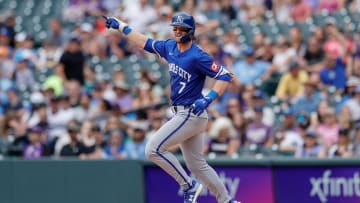 Jul 7, 2024; Denver, Colorado, USA; Kansas City Royals shortstop Bobby Witt Jr. (7) gestures on a three run home run in the ninth inning against the Colorado Rockies at Coors Field. Mandatory Credit: Isaiah J. Downing-USA TODAY Sports