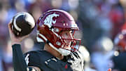 Sep 20, 2025; Pullman, Washington, USA; Washington State Cougars quarterback Zevi Eckhaus (4) throws a pass against the Washington Huskies in the first half of Apple Cup at Gesa Field at Martin Stadium. Mandatory Credit: James Snook-Imagn Images