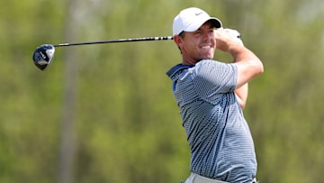 Rory McIlroy tees off during the final round of the 2025 Truist Championship