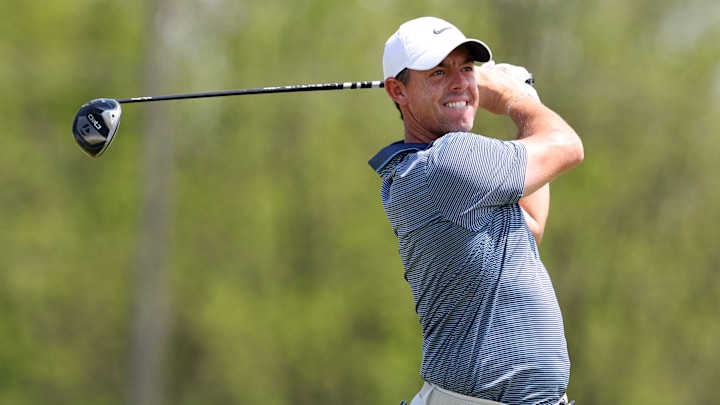 Rory McIlroy tees off during the final round of the 2025 Truist Championship