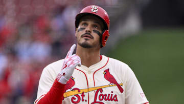 Mar 29, 2025; St. Louis, Missouri, USA;  St. Louis Cardinals third baseman Nolan Arenado (28) reacts after hitting a one run single against the Minnesota Twins during the first inning at Busch Stadium. Mandatory Credit: Jeff Curry-Imagn Images
