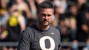Oregon Ducks head coach Dan Lanning walks the field before the game as the Oregon Ducks host the Oregon State Beavers Sept. 20, 2025, at Autzen Stadium in Eugene, Oregon.