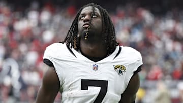 Sep 29, 2024; Houston, Texas, USA; Jacksonville Jaguars wide receiver Brian Thomas Jr. (7) after the game against the Houston Texans at NRG Stadium. Mandatory Credit: Troy Taormina-Imagn Images