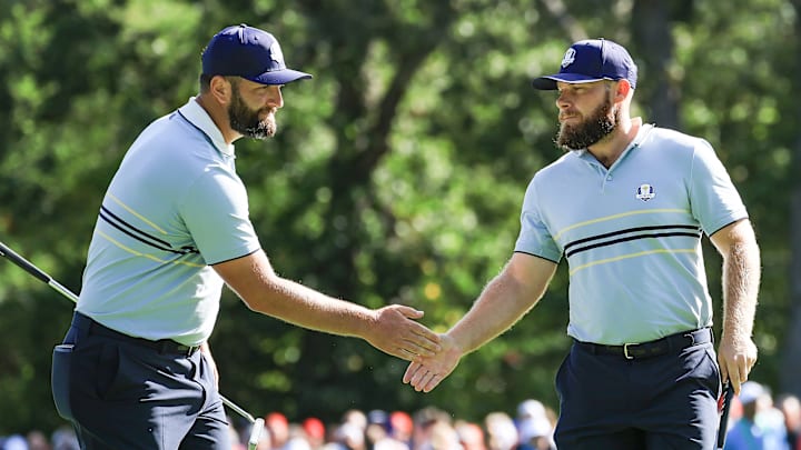Jon Rahm (left) and Tyrrell Hatton opened this Ryder Cup with a 4 and 3 trouncing of Bryson DeChambeau and Justin Thomas. Jon Rahm (left) and Tyrrell Hatton opened this Ryder Cup with a 4 and 3 trouncing of Bryson DeChambeau and Justin Thomas.