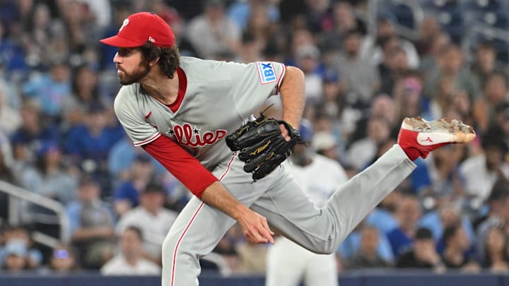 Jun 4, 2025; Toronto, Ontario, CAN; Philadelphia Phillies relief pitcher Jordan Romano (68) delivers a pitch against the Toronto Blue Jays in the ninth inning at Rogers Centre. Jun 4, 2025; Toronto, Ontario, CAN; Philadelphia Phillies relief pitcher Jordan Romano (68) delivers a pitch against the Toronto Blue Jays in the ninth inning at Rogers Centre.
