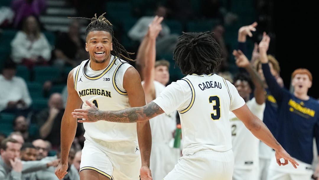 Nov 26, 2025; Las Vegas, NV, USA; Michigan Wolverines guard Trey McKenney (1) reacts in the second half against the Gonzaga Bulldogs in the 2025 Players Era Festival championship game at MGM Grand Garden Arena. 