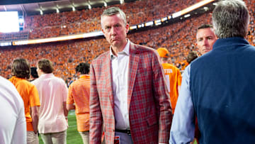 Alabama athletic Greg Byrne makes his way through the crowd after an SEC conference game between Tennessee and Alabama in Neyland Stadium on Saturday, Oct. 19, 2024.