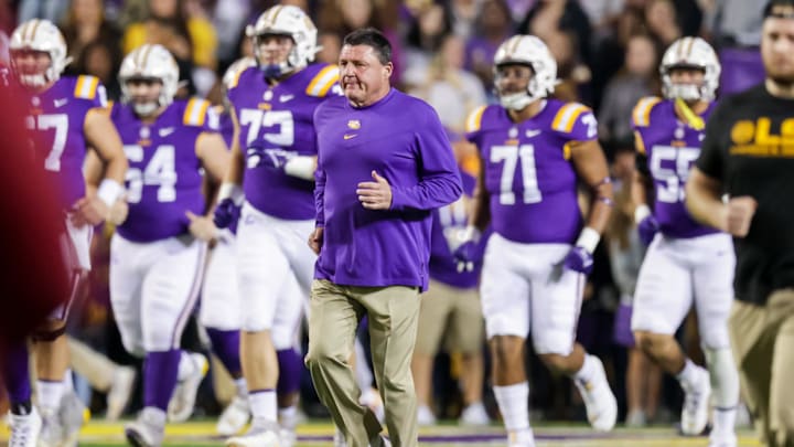 Nov 20, 2021; Baton Rouge, Louisiana, USA;  LSU Tigers head coach Ed Orgeron looks on against Louisiana Monroe Warhawks during the first half at Tiger Stadium. Mandatory Credit: Stephen Lew-Imagn Images