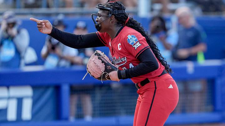 Texas Tech pitcher Nijaree Canady (24) celebrates a strikeout in the third inning during a softball game at the Women’s College World Series between Texas Tech and Alabama at Devon Park in Oklahoma City, on Monday, June 1, 2026.