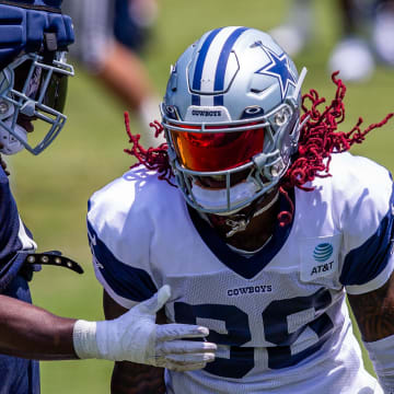 Jul 31, 2023; Oxnard, CA, USA; Dallas Cowboys wide receiver CeeDee Lamb (88) reacts after a play during training camp at the Marriott Residence Inn-River Ridge playing fields. 