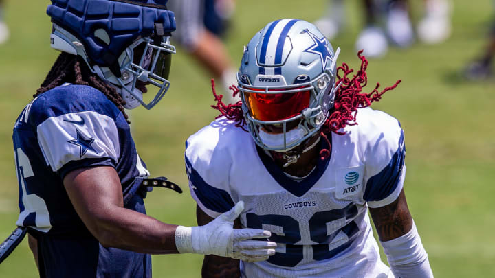 Jul 31, 2023; Oxnard, CA, USA; Dallas Cowboys wide receiver CeeDee Lamb (88) reacts after a play during training camp at the Marriott Residence Inn-River Ridge playing fields. 