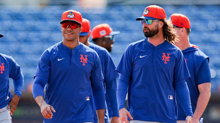 Feb 19, 2025; Port St. Lucie, FL, USA; New York Mets right fielder Juan Soto (22) and left fielder Jesse Winker (3) looks on during a spring training workout at Clover Park. Mandatory Credit: Sam Navarro-Imagn Images