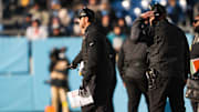 Nov 30, 2025; Nashville, Tennessee, USA;  Jacksonville Jaguars head coach Liam Coen looks on from the sidelines against the Tennessee Titans during the second half at Nissan Stadium. Mandatory Credit: Steve Roberts-Imagn Images