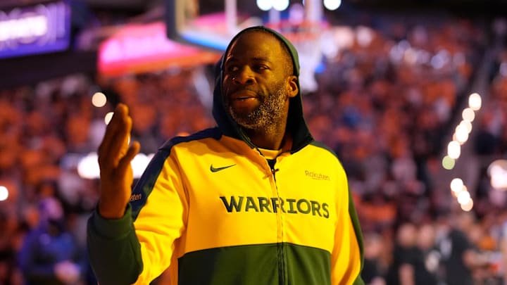 May 12, 2025; San Francisco, California, USA; Golden State Warriors forward Draymond Green (23) blows a kiss towards the crowd before the start of the game against the Minnesota Timberwolves during game four of the second round for the 2025 NBA Playoffs at Chase Center. Mandatory Credit: Cary Edmondson-Imagn Images